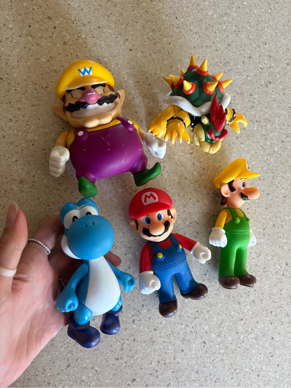 Super Mario Character Toy Set - Blue Yoshi, Mario, Luigi, Wario & Bowser